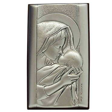 Myros - Virgin Mary And Baby Jesus With Bi-Laminated Silver Plaque And Wooden Icon 40x70 mm