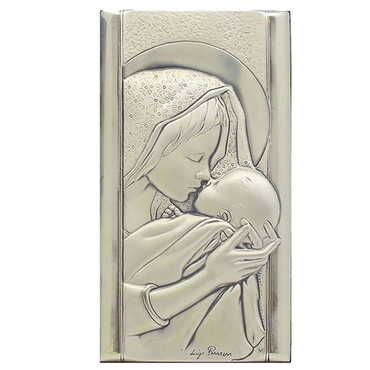 Virgin Mary And Baby Jesus With Bi-Laminated Silver Plaque And Wooden Icon 70x120 mm - Myros