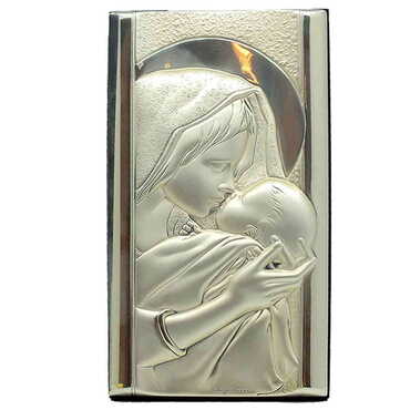 Virgin Mary And Baby Jesus With Bi-Laminated Silver Plaque And Wooden Icon 90x160 mm - Myros