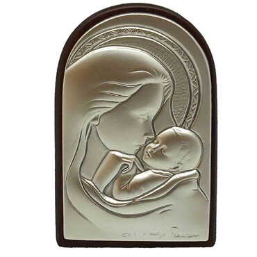 Virgin Mary And Baby Jesus Icon With Bi-Laminated Silver Plaque And Wooden Icon 40x60 mm - Myros
