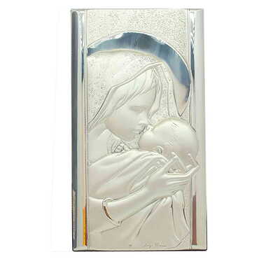 Virgin Mary And Baby Jesus With Bi-Laminated Silver Plaque And Wooden Icon 120x230 mm - Myros