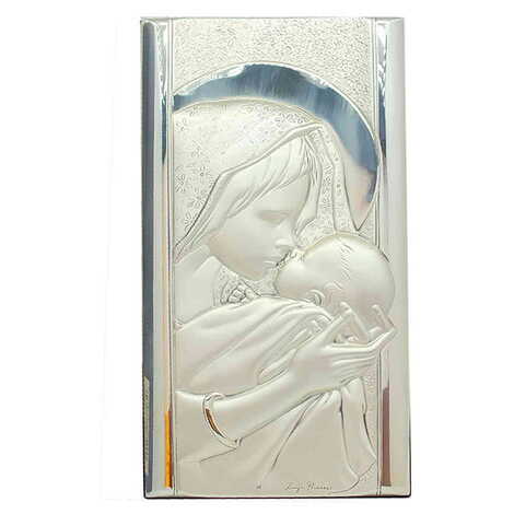 Virgin Mary And Baby Jesus With Bi-Laminated Silver Plaque And Wooden Icon 120x230 mm - 1