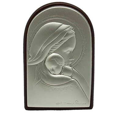 Virgin Mary And Baby Jesus Icon With Bi-Laminated Silver Plaque And Wooden Icon 40x60 mm - Myros