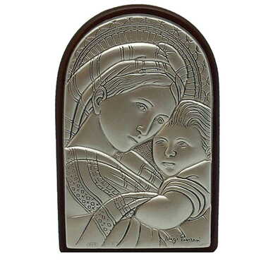 Virgin Mary And Baby Jesus Icon With Bi-Laminated Silver Plaque And Wooden Icon 40x60 mm - Myros