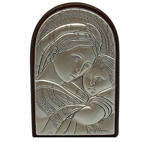 Virgin Mary And Baby Jesus Icon With Bi-Laminated Silver Plaque And Wooden Icon 40x60 mm - 1
