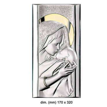 Virgin Mary And Baby Jesus With Bi-Laminated Silver Plaque, Golden Decoration And Wooden Icon 320x170 mm - Myros