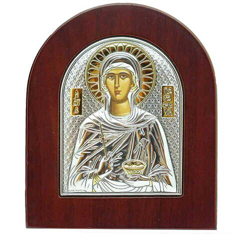 Toptan Gümüş Üzeri Altın Dekorlu Serigrafili Azize Paraskevi İkonası (85 X 110 mm) - 1