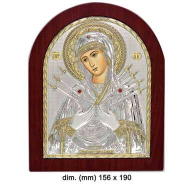Toptan Gümüş Üzeri Altın Dekorlu Serigrafili Meryem Ana (7 Ok) İkonası (156 X 190 mm) - Standart