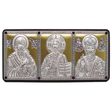 Toptan Gümüş Üzeri Altın Dekorlu Swarowski Taşlı İkonastas (Meryem Ana- Hz. İsa- Aziz Nikolaos) İkonası (70 X 40 mm)