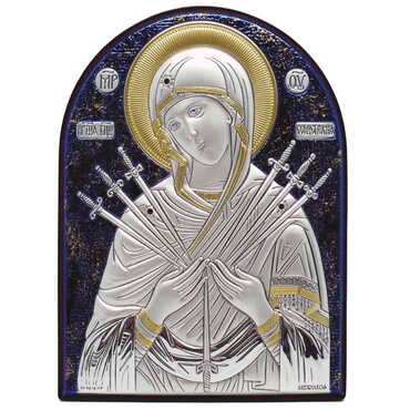 Toptan Gümüş Üzeri Altın ve Mavi El Dekorlu Swarowski Taşlı Meryem Ana (7 Ok) İkonası (85 X 65 mm) - Myros