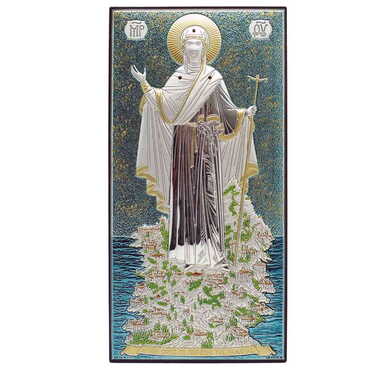 Toptan Gümüş Üzeri Altın ve Mavi El Dekorlu Swarowski Taşlı Meryem Ana (Athos Dağı) İkonası (40 x 70 mm) - Myros