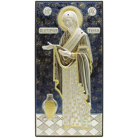 Toptan Gümüş Üzeri Altın ve Mavi El Dekorlu Swarowski Taşlı Meryem Ana ( Gerontissa) İkonası (150 x 280 mm) - 1