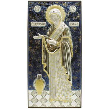Toptan Gümüş Üzeri Altın ve Mavi El Dekorlu Swarowski Taşlı Meryem Ana ( Gerontissa) İkonası (50 x 100 mm) - Myros