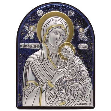 Toptan Gümüş Üzeri Altın ve Mavi El Dekorlu Swarowski Taşlı Meryem Ana ve Melekler İkonası (150 X 110 mm) - Myros