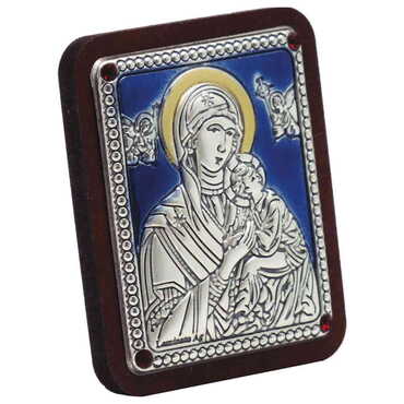 Toptan Gümüş Üzeri Altın ve Mavi El Dekorlu Swarowski Taşlı Meryem Ana ve Melekler İkonası (45 X 35 mm) - Myros