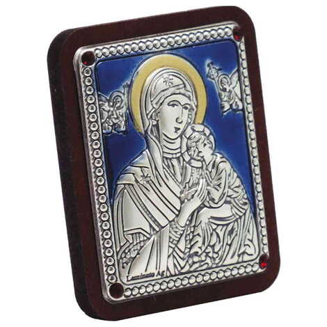Toptan Gümüş Üzeri Altın ve Mavi El Dekorlu Swarowski Taşlı Meryem Ana ve Melekler İkonası (45 X 35 mm) - 1