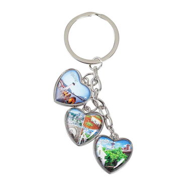 Hatay Themed Metal Keychain With 3 Charms - Heart 40x85 mm - Thumbnail