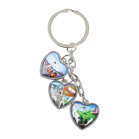 Hatay Themed Metal Keychain With 3 Charms - Heart 40x85 mm