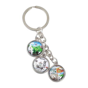 Myros - Hatay Themed Metal Keychain With 3 Charms - Round 40x90 mm