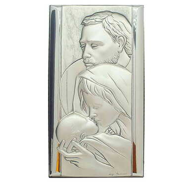 Myros - Holy Family With Bi-Laminated Silver Plaque, Golden Decoration And Wooden Icon 120x230 mm