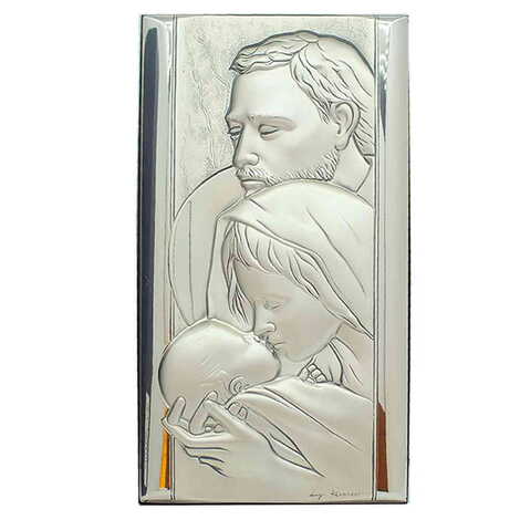 Holy Family With Bi-Laminated Silver Plaque, Golden Decoration And Wooden Icon 120x230 mm