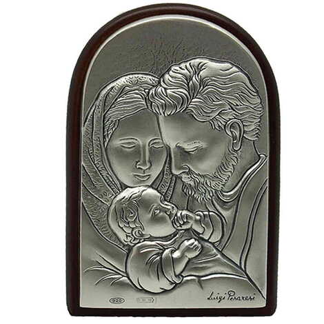 Holy Family With Bi-Laminated Silver Plaque, Golden Decoration And Wooden Icon 40x60 mm