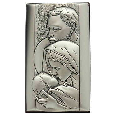 Myros - Holy Family With Bi-Laminated Silver Plaque, Golden Decoration And Wooden Icon 40x70 mm