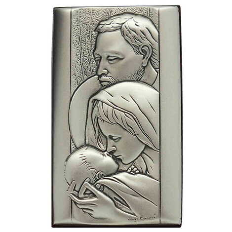 Holy Family With Bi-Laminated Silver Plaque, Golden Decoration And Wooden Icon 40x70 mm