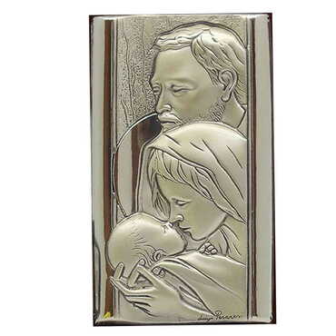 Myros - Holy Family With Bi-Laminated Silver Plaque, Golden Decoration And Wooden Icon 50x90 mm