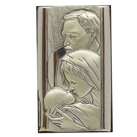 Holy Family With Bi-Laminated Silver Plaque, Golden Decoration And Wooden Icon 50x90 mm