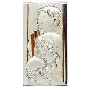 Myros - Holy Family With Bi-Laminated Silver Plaque, Golden Decoration And Wooden Icon 70x120 mm