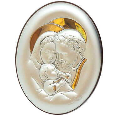 Myros - Holy Family With Bi-Laminated Silver Plaque, Golden Decoration And Wooden Icon 83x110 mm