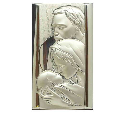 Holy Family With Bi-Laminated Silver Plaque, Golden Decoration And Wooden Icon 90x160 mm