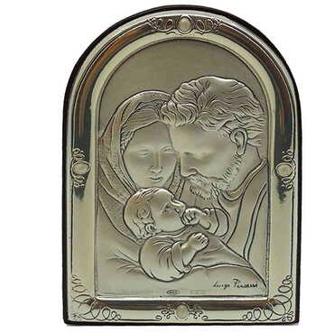 Myros - Holy Family With Bi-Laminated Silver Plaque, Golden Decoration And Wooden Icon