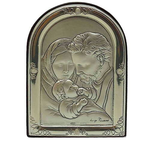 Holy Family With Bi-Laminated Silver Plaque, Golden Decoration And Wooden Icon