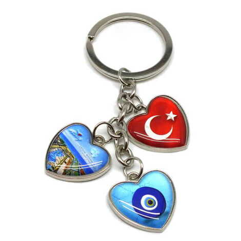 Hotel Themed Metal Keychain With 3 Charms - Heart 40x85 mm - 2