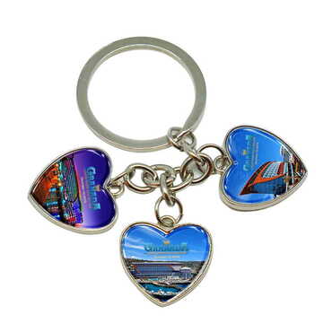 Hotel Themed Metal Keychain With 3 Charms - Heart 40x85 mm - Thumbnail