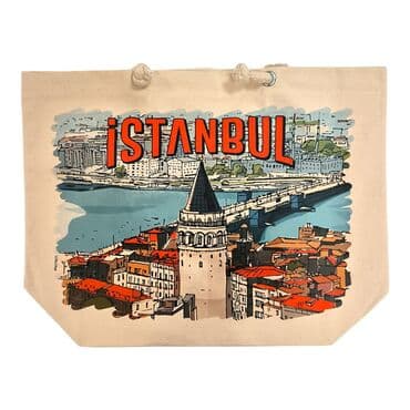 Istanbul Themed Digital Printed Kanvas Beach Bag 35x40 cm - 8