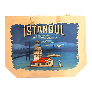 Istanbul Themed Digital Printed Kanvas Beach Bag 35x40 cm - 9