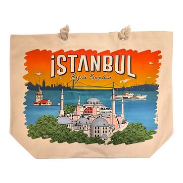 Istanbul Themed Digital Printed Kanvas Beach Bag 35x40 cm - 11