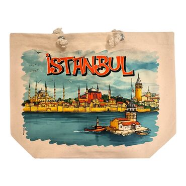Istanbul Themed Digital Printed Kanvas Beach Bag 35x40 cm - 12