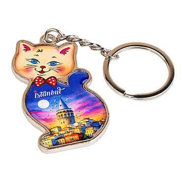 İstanbul Temalı Kedi Şekilli Metal Anahtarlık
