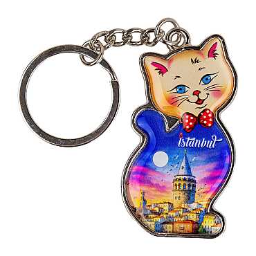İstanbul Temalı Kedi Şekilli Metal Anahtarlık - 3