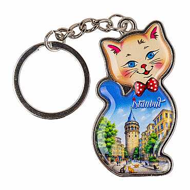 İstanbul Temalı Kedi Şekilli Metal Anahtarlık - 5