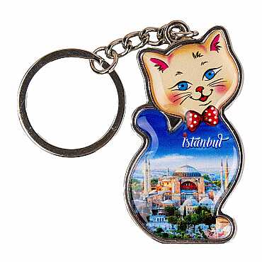 İstanbul Temalı Kedi Şekilli Metal Anahtarlık - 13