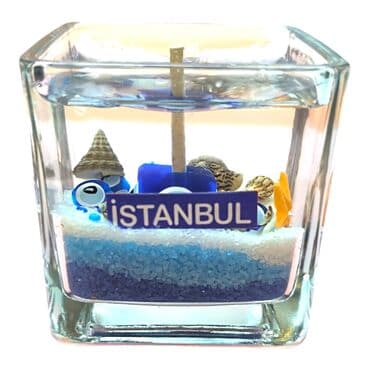 Toptan Istanbul Temali Küçük Boy Kare Cam Bardak Jel Mum 6*6 Cm