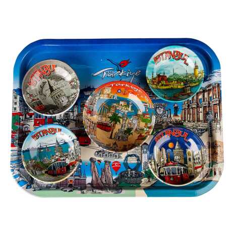 İstanbul Temalı Metal Büyük Dikdörtgen Tepsi Beşli Kase Seti - 1