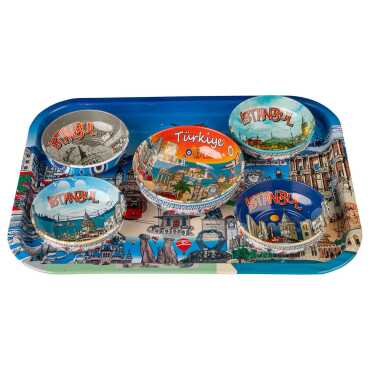 İstanbul Temalı Metal Büyük Dikdörtgen Tepsi Beşli Kase Seti - 2