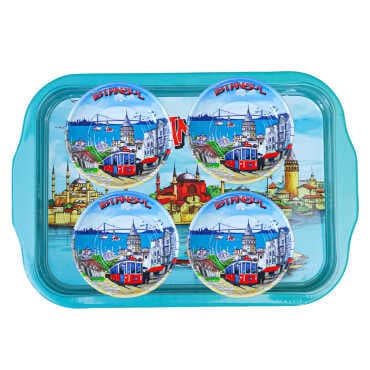 Istanbul Themed Large Metal Tray with Four Bowl Set