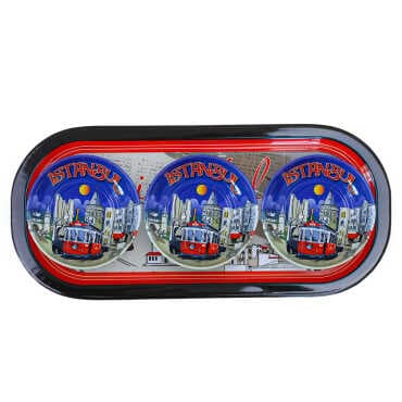 İstanbul Themed Metal Oval Tray with Triple Bowl Set